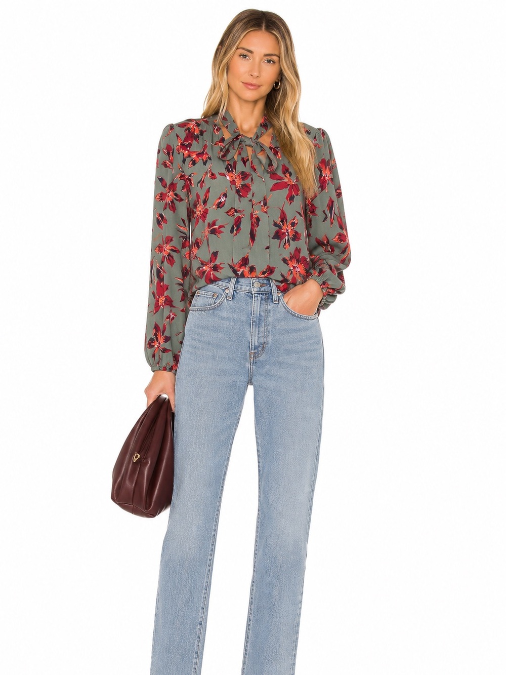Madewell 100% Silk Floral Tie Neck Blouse Sage Green Red Floral
